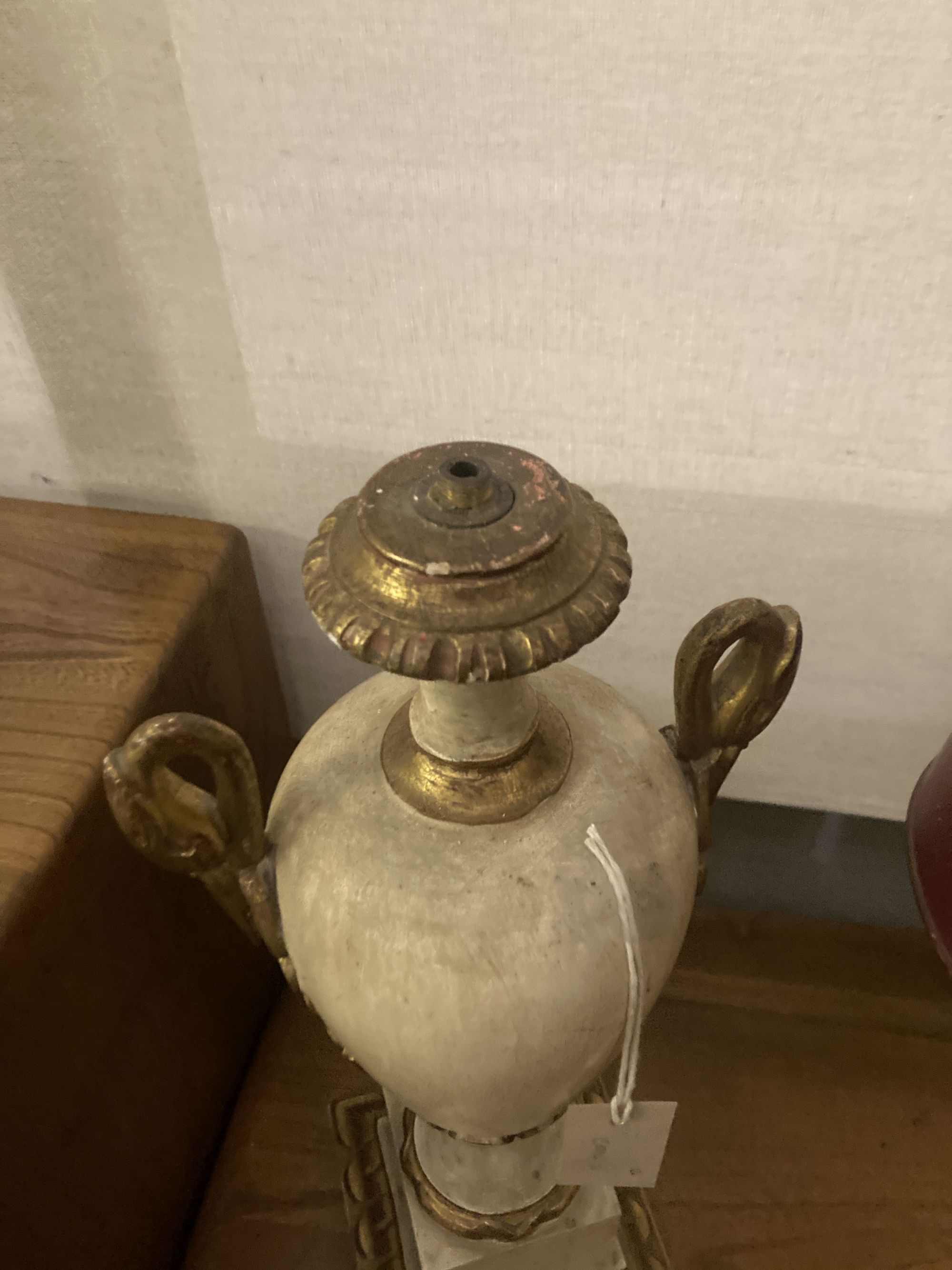 A brass table lamp with toleware shade, height 56cm, together with a parcel gilt painted wood table lamp